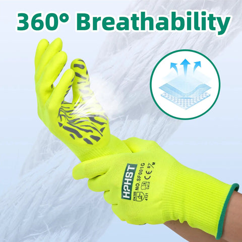 Heavy Duty Micro Foam Nitrile Work Gloves With Hella Breathable 15 Gauge Nylon Shell And Killer Tiger Stripe Grip For Auto Repair And Precision Mechanical Assembly Tasks Pack Of Three X Large, showing bright yellow gloves with tiger stripe grip.