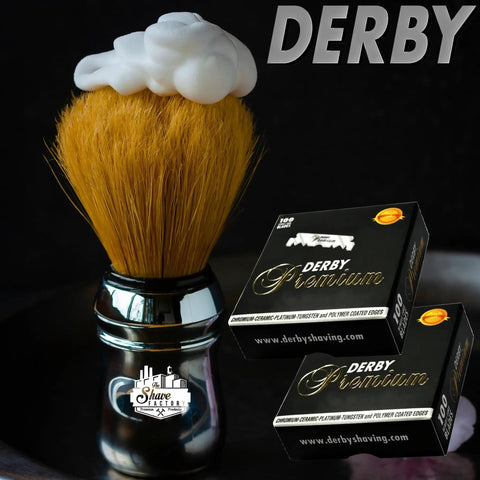 Shaving brush with lather beside Premium Single Edge Razor Blades With Ultra Sharp Chromium Ceramic Platinum Tungsten And Polymer