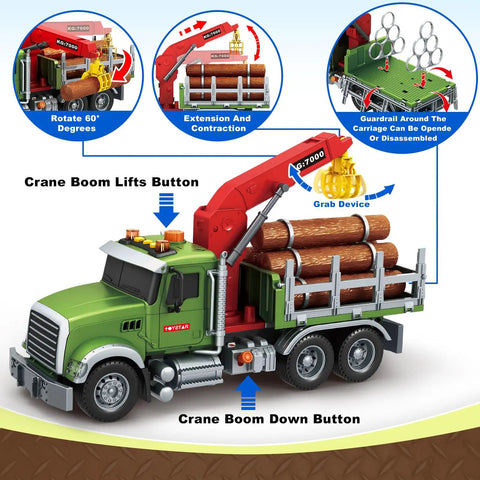 Farm Logging Truck Toy With Loading Crane And 6 Wood Trunks Lights And Sounds Friction Powered 15 Inch Vehicle, crane detail