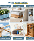 Image showing various uses for Beefy Heavy Duty 3x3x1.2 Inch L Bracket Set, including balcony planters, beds, cabinets, wooden beams, shelves, and bookshelves.