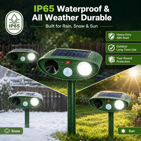 4 Pack Solar Ultrasonic Animal Deterrents With PIR Motion Sensor, Waterproof Outdoor Yard Deterrents For Deer, Raccoons, Squirrels, Cats, Rabbits, Skunks And Foxes That Scare Off Pests With LED Alerts No Fuss Setup, IP65 weatherproof