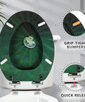 Elongated Toilet Seat With Quiet Close Hinges, MDF Wood Build, quick release, lotus leaf finish, shown on white toilet bowl