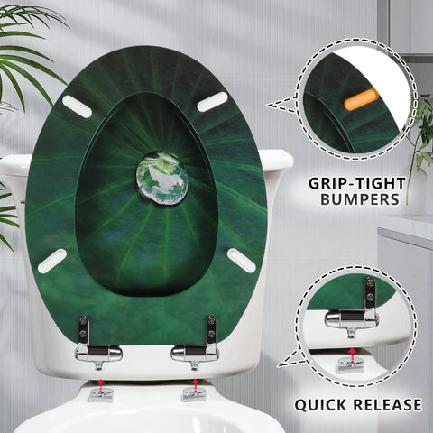 Elongated Toilet Seat With Quiet Close Hinges, MDF Wood Build, quick release, lotus leaf finish, shown on white toilet bowl