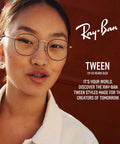 Young person wearing Ray-Ban tween glasses, promoting styles for ages 11-13, with brand logo and message in the background.