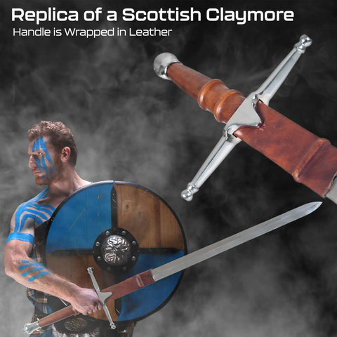 Braveheart William Wallace Replica Sword Double Edged Medieval Longsword With Stainless Steel Blade Metal Hilt and Leather Sheath held by warrior