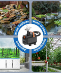 600GPH Submersible Water Pump For Ponds, Fountains, Aquariums, with flow control, shown with waterfalls and hydroponic setups