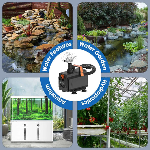 600GPH Submersible Water Pump For Ponds, Fountains, Aquariums, with flow control, shown with waterfalls and hydroponic setups