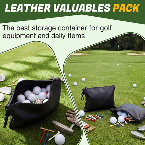 Valuables Golf Pouch Set Two Pack PU Leather Tee Bags With Waterproof Zippers And Velvet Lining on golf course