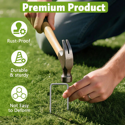Heavy Duty 12 Inch Galvanized Landscape Staples being hammered into grass, focusing on durability and rust-proof features