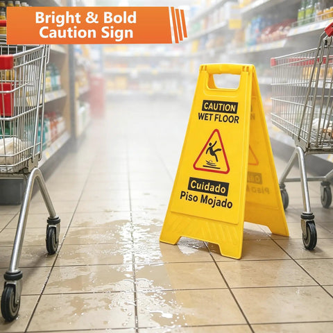 No Sweat Heavy Duty Commercial Mop Bucket On Wheels With Side Press Wringer And 35 Quart Size For Knocking Out Floor Cleanup Fast At Hotel Or Bank Sites Today with yellow caution sign on wet floor.