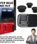 Solid Set Of Three Durable Rubber Tailgate Plugs And One Rear License Plate Mount Built For Jeep Wrangler on red vehicle.