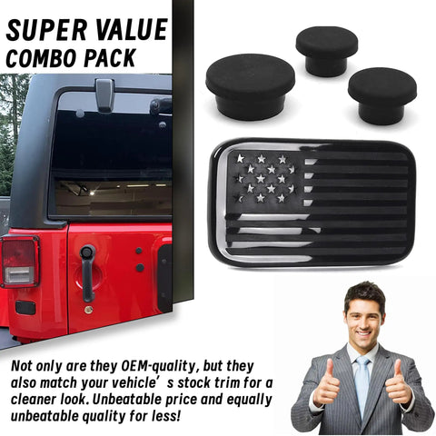 Solid Set Of Three Durable Rubber Tailgate Plugs And One Rear License Plate Mount Built For Jeep Wrangler on red vehicle.