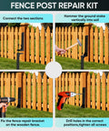 Heavy Duty Fence Post Repair Kit With Rock Solid H Shaped Ground Spikes And Rust Proof Steel Anchors for easy installation steps.