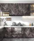 Kitchen with Dark Emperador Marble Self Adhesive Contact Paper 24x160 Inch Peel And Stick Countertop Wallpaper on cabinets.