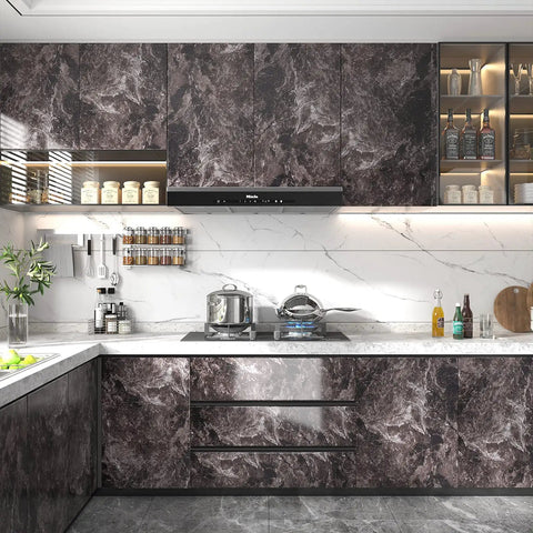 Kitchen with Dark Emperador Marble Self Adhesive Contact Paper 24x160 Inch Peel And Stick Countertop Wallpaper on cabinets.