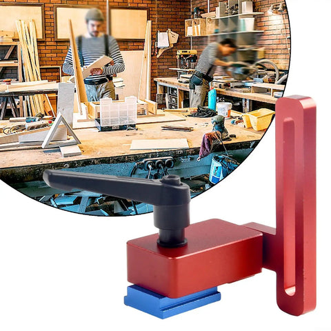 30mm Miter Track T-Track Stop Limiter for precise woodworking setup in a workshop background, featuring red aluminum alloy body.