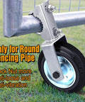 Gate Wheel For Metal Swing Gates With 1 5/8 To 2 Inch Frames Heavy Duty Gate Support Wheel For Chain Link Fences Prevents Gate From Dragging Tire Grade Solid Rubber Wheel Hot Dipped Galvanized Steel Rust Resistant Supports Up To 500 Lb attached to round fencing pipe