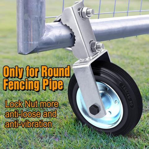 Gate Wheel For Metal Swing Gates With 1 5/8 To 2 Inch Frames Heavy Duty Gate Support Wheel For Chain Link Fences Prevents Gate From Dragging Tire Grade Solid Rubber Wheel Hot Dipped Galvanized Steel Rust Resistant Supports Up To 500 Lb attached to round fencing pipe