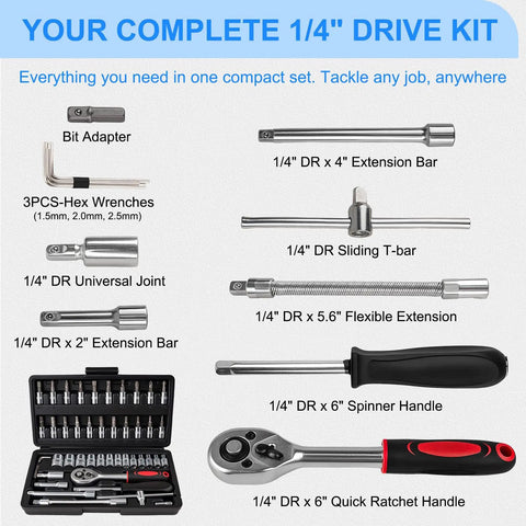 46 Piece One Quarter Inch Ratchet Socket Set With Metric Sockets Tackle Auto And Home Fixes Compact DIY Tool Kit Built From Durable Carbon Steel Wrenches For Everyday Fixes And More shown with components like bit adapter and extension bars.