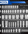 Assorted CR-V sockets of Workhorse 121 Piece Drive Socket Set With 1/4 Inch 3/8 Inch 1/2 Inch Sockets for home or auto maintenance.