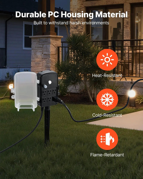 Outdoor Power Stake With Weatherproof Cover And Overload Protection No Fuss 50 Ft Extension Cord Six Outlets 15A 1875W Waterproof Power Strip For Halloween And Christmas Lights And Other Outdoor Gadgets, black with cover