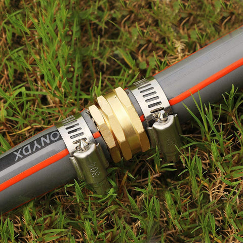 5/8 Inch Aluminum Garden Hose Repair Kit With Female And Male Connectors And Stainless Steel Clamps in use on lawn