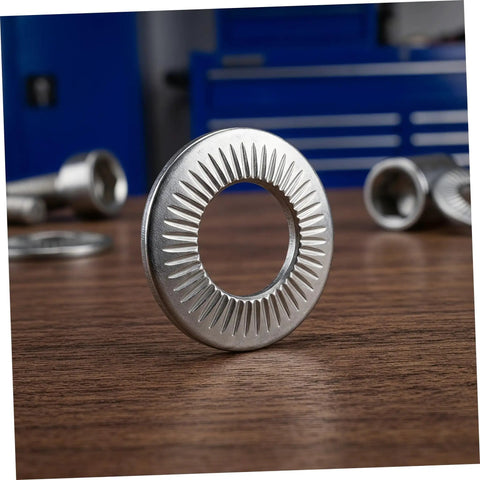 M6 Conical Spring Lock Washers In 304 Stainless Steel built tough industrial fasteners with serrated edges on wooden surface.