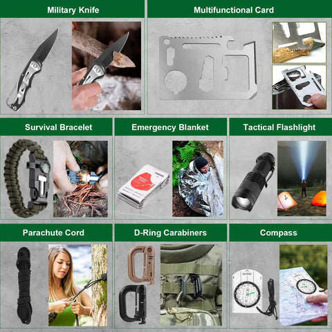 Go-To 121Pcs Emergency Survival Kit With MOLLE Pouch, featuring knife, card, bracelet, blanket, flashlight, cord, carabiners, compass