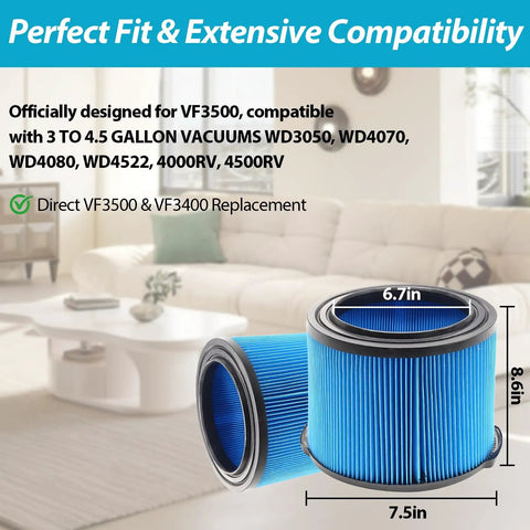 2 Pack VF3500 Replacement Filters For Wet Dry Vacuums, 3-Layer Fine Dust Filter, size details, compatible with various models