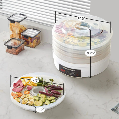 Total Game Changer Digital Food Dehydrator With Five Roomy Trays variable heat controls showcasing dried fruits and vegetables.