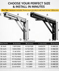 Built Like A Tank Heavy Duty Folding Shelf Brackets 2 Pack Matte Black Steel size chart with dimensions for mounting.