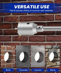Side view of a concrete hole saw kit with 30/40/50 mm bits on an SDS-Plus shank cutting brick.