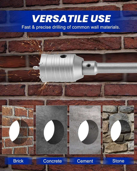 Side view of a concrete hole saw kit with 30/40/50 mm bits on an SDS-Plus shank cutting brick.