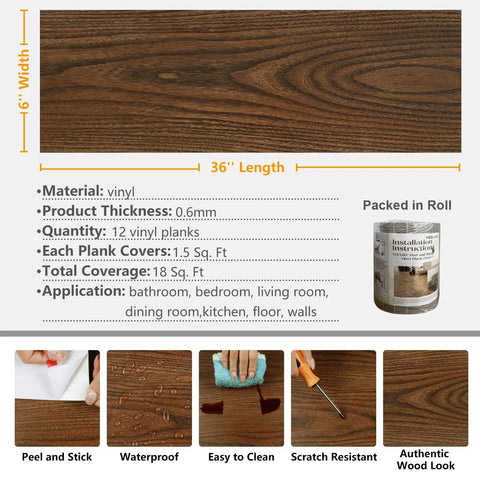Brown Chestnut Wood Peel And Stick Floor Tiles That Look Real Waterproof Vinyl Planks 6 By 36 Inches product details infographic