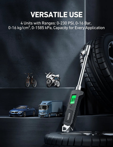AstroAI heavy-duty digital tire pressure gauge with backlit LCD and flashlight, stainless steel body