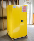 Heavy Duty 60 Gallon Flammable Safety Cabinet With Automatic Door, yellow steel design, used for combustible liquid storage.