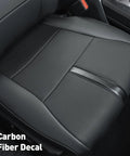 Close-up of Ford F150 Seat Covers Full Set Leather Waterproof, Custom Fit for SuperCrew Crew Cab 2015-2026, black with carbon fiber decal.