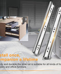 Five Pairs Stainless Steel Drawer Slides Full Extension 12 Inch Side Mount Ball Bearing Rails Built To Last For Kitchen Cabinets And Dressers Heavy Duty 100 Lbs Capacity Fits Drawer Depth 13 To 15 Inches with an image of the slides installed in a kitchen drawer for smooth operation.
