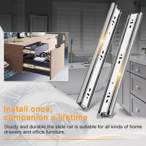 Five Pairs Stainless Steel Drawer Slides Full Extension 12 Inch Side Mount Ball Bearing Rails Built To Last For Kitchen Cabinets And Dressers Heavy Duty 100 Lbs Capacity Fits Drawer Depth 13 To 15 Inches with an image of the slides installed in a kitchen drawer for smooth operation.
