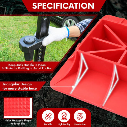 Off Road Jack Base And Handle Keeper Set Two Piece Ground Stabilizer Kit In Red And Black with triangular design shown