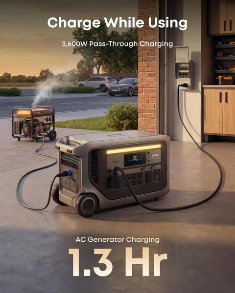 SOLIX F3000 Portable Power Station with 3072Wh battery and 6000W recharging outdoor setup, charging near a garage.