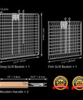 Dimensions and components of Fish Grill Basket Set With Removable Wooden Handle And 304 Stainless Steel Construction.
