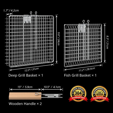 Dimensions and components of Fish Grill Basket Set With Removable Wooden Handle And 304 Stainless Steel Construction.
