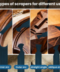 Four types of scrapers from 17Pcs Card Scraper Set For Woodworking With Cabinet Scrapers And Burnisher, showing arc and angle designs.