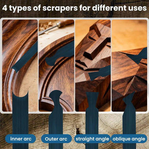 Four types of scrapers from 17Pcs Card Scraper Set For Woodworking With Cabinet Scrapers And Burnisher, showing arc and angle designs.