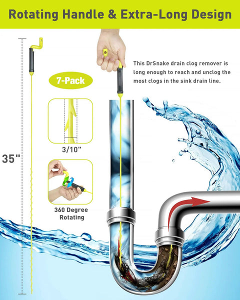 35 Inch Drain Clog Remover Kit With No Fuss Rotating Handle 7 Pack Hair Clog Remover Plumbing Snakes For Bathtub Sink And Shower Easy Quick Unclog Drains For All Homes And Everyday Quick Drain Rescue, 35-inch polypropylene snake with rotating handle