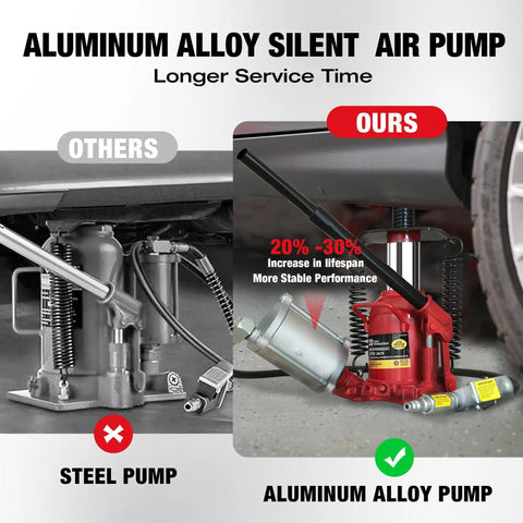 Big Red 20 Ton Low Profile Pneumatic Bottle Jack Heavy Duty Air Powered Hydraulic Lift For Trucks And Cars Aluminum Pump comparison with steel pump.