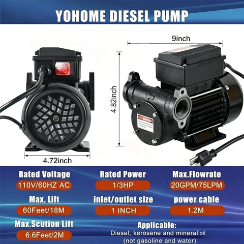 Heavy Diesel Transfer Pump Delivering A Fast 20 Gpm Flow With 110V Electric Power For Slick Kerosene And Biodiesel Handling Plus Rock Solid High Lift Performance Built For The Daily Grind, showing dimensions and power specifications.