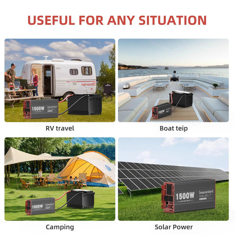No Sweat Heavy Duty 1500 Watt Pure Sine Wave Power Inverter DC 12V To 120V AC in outdoor RV and camping settings.