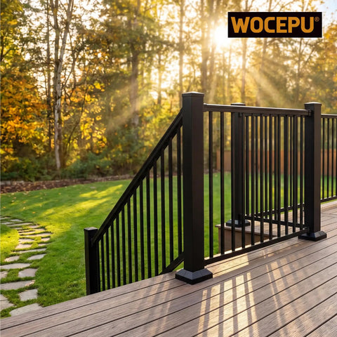Heavy Duty 8 Pack 2X2 Aluminum Deck Post Base Covers With Slick Matte Black Finish on stylish railing steps.